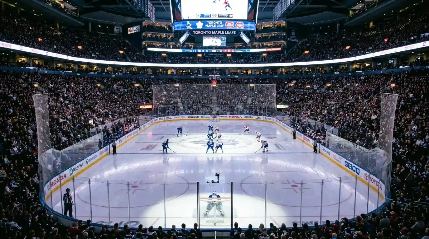NHL ice hockey arena during a night game with stadium lights reflecting off the ice surface