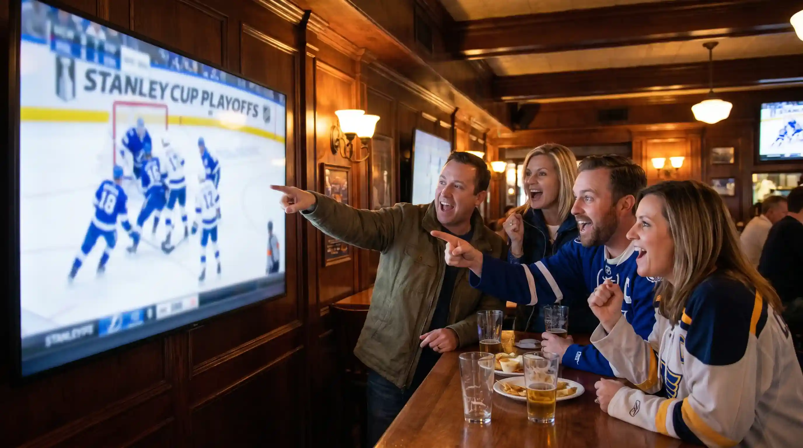 Group of hockey fans watching an NHL playoff game on a large television screen in a sports bar